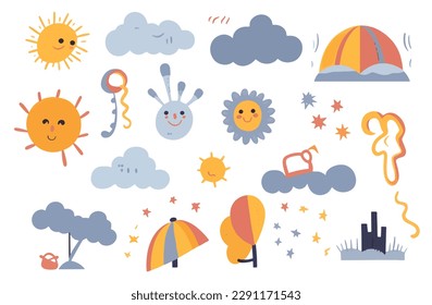 Varios aspectos clipart de Sun y Wether elemento en el estilo de las técnicas de narración emocional, cutáneo y soñador, conjunto de vectores