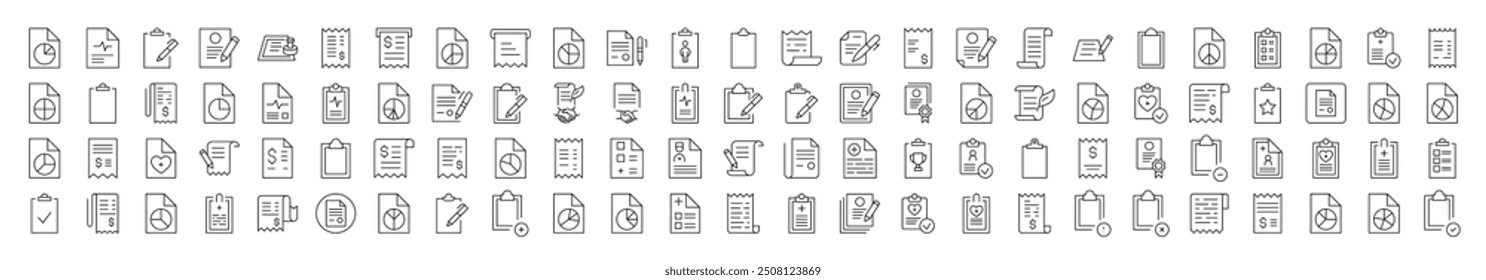 Various Clipboards and Documents Outline Simple Linear Image Collection. Editable Stroke. Suitable for Web Sites, Books, Cards, Apps
