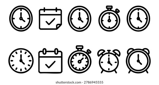 Various clock and calendar icons are displayed on a screen. A collection of various clock and time icons are displayed. Various timekeeping devices and calendar icons are displayed on a plain surface.