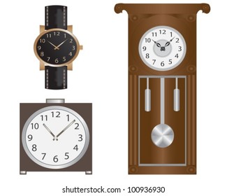 Various clock-watches, wall clocks and alarm clock.