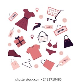 Various clothes and accessories, flat trendy style elements and signs. Abstract sale or offer background. Shopping wallpaper or collection. Colorful shopping icons and items. vector illustration