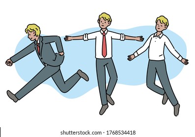 Various clothes of a businessman. He is in the air with his arms wide open. hand drawn style vector design illustrations. 