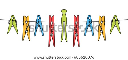 Various clothes or laundry pins set on the rope isolated