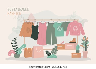 Various clothes made from ethical materials hang on hanger. Shop with recycled textiles and clothing. Concept of sustainable fashion, green technologies. Store with eco products. Vector illustration