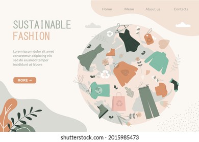 Diversas ropas hechas de materiales reciclados. Ética textil, moda sostenible. Dar segunda vida a las cosas. Protección ambiental, programa de basura cero. Plantilla de página de inicio. Ilustración del vector