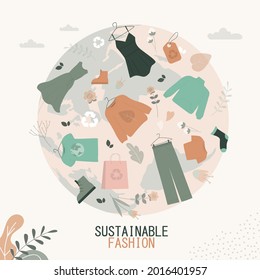 Various clothes made from recycled materials. Ethical textile, sustainable fashion. Give second life to things. Environmental protection, zero waste program. Printable poster. Flat Vector illustration
