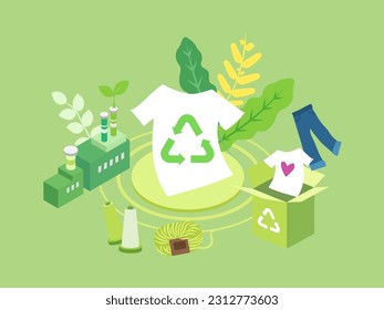 Diversas ropas hechas de materiales reciclados. Ética textil, moda sostenible. Dar segunda vida a las cosas. Protección ambiental, programa de basura cero. 