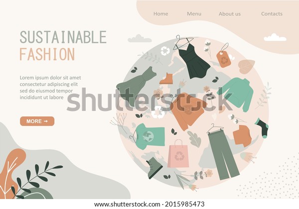 Various clothes made from recycled\
materials. Ethical textile, sustainable fashion. Give second life\
to things. Environmental protection, zero waste program. Landing\
page template. Vector\
illustration
