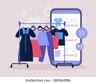 Various clothes on hangers. Online shopping via smartphone. Vector illustration in a flat style