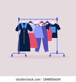 Various clothes on hangers. Vector illustration in a flat style