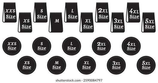 Various Clothing Size Tags in Black and White. Isolated On Transparent Background.
