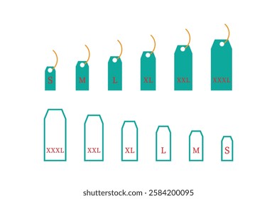 Various clothing size tags displayed in different sizes.