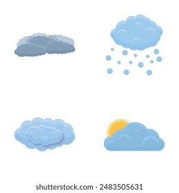 Various cloud icons set cartoon vector. Winter gray cloud with snow. Meteorology, weather condition