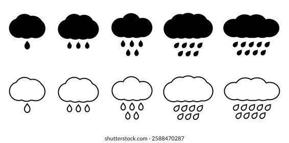 Various cloud and rain icons designed for weather representation and communication purposes showing different styles and formats. Vector illustration.