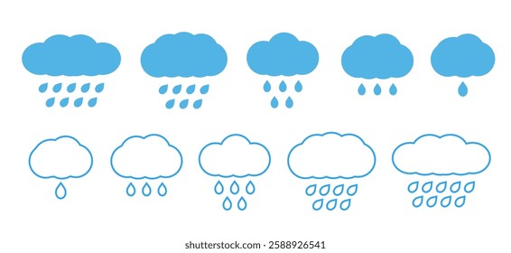 Various cloud and rain icons designed for weather representation and communication purposes showing different styles and formats. Vector illustration.