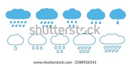 Various cloud and rain icons designed for weather representation and communication purposes showing different styles and formats. Vector illustration.