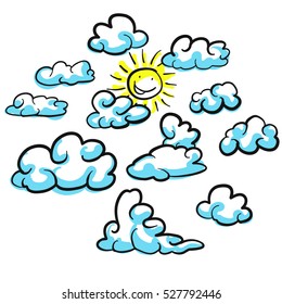 Various cloud shapes vector sketches with sun, hand drawn vector outline drawing black pen on white ground