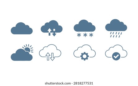 Various cloud symbols representing snow rain sunny intervals data transfer settings check marks meteorology icons.