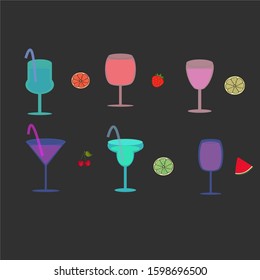 Various cocktail glasses and fruit on a black background. 