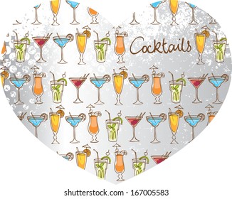 Various cocktails arranged in heart shape background vector