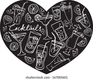 Various cocktails arranged in heart shape background vector