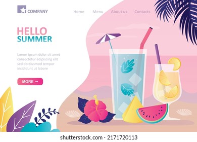 Various cocktails with pieces of fruit and ice. Tropical cooling drinks on beach. Glasses with exotic lemonades. Cold drinks for hot summer holidays. Landing page template. Flat vector illustration