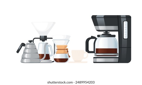 Various coffee brewing devices: a pour-over setup with a kettle, a Chemex, and a drip coffee maker. A white coffee cup and saucer. Vector illustration isolated on white background