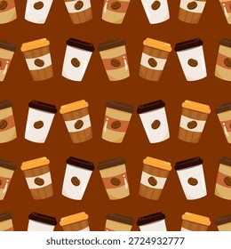 Vários xícara de café sem costura padrão. Copo descartável com ilustração de bebida quente. Pode ser usado para papel de parede, papel de embrulho. marca café, elemento de cozinha e tecido de moda