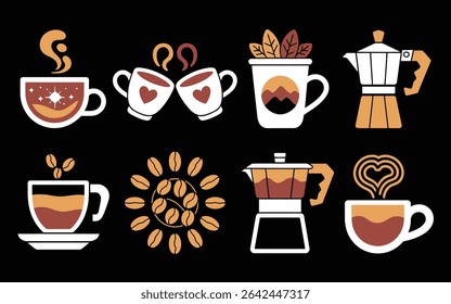 Various coffee drinks and coffee makers in a graphic design
