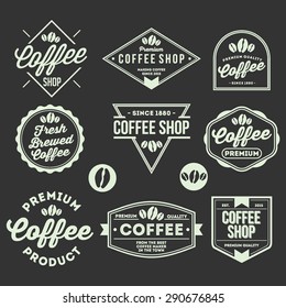 various coffee shop and product badge set in white color and dark background