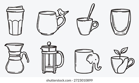 Várias xícaras de café e chá e potes ilustração de arte de linha