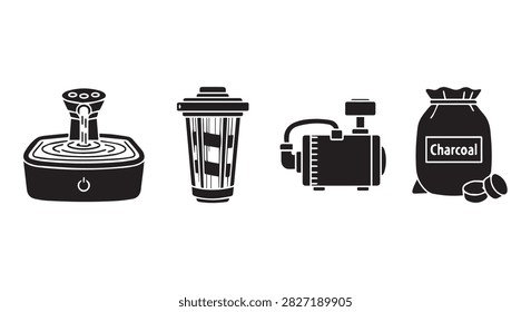Various coffee tools including a tamper, glass, espresso machine, and coffee bag, essential for coffee preparation and brewing enthusiasts.
