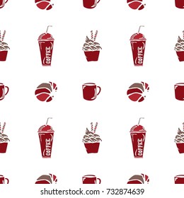 various coffee,cake,cupcake,Sandwich,cookie , appetizer and beverage seamless pattern sketch drawing line vector with red brown white Themes cooler background
