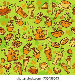 various coffee,cake,cupcake,Sandwich,cookie , appetizer and beverage seamless pattern sketch drawing line orange tone Themes  and  green 
