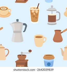 Various coffee-making tools and beverages arranged against a light blue background. The collection includes grinders, pots, cups, and iced drinks reflecting coffee culture.
