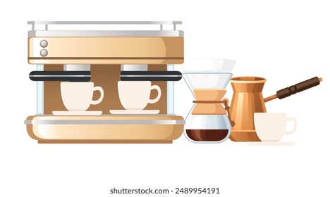 Various coffee-making tools: an espresso machine with two cups, a Chemex with brewed coffee, a cezve, and a white cup on a saucer, vector illustration isolated white background