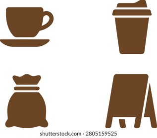 Various coffee-related icons including a cup, takeout cup, bag, and sign for a caf