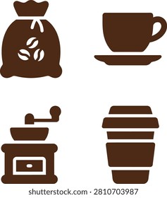 Various coffee-related items including a bag of beans, cup, grinder, and takeout cup