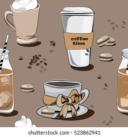 Various coffees, seamless pattern. Vector illustration on brown background