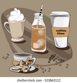 Various coffees. Vector illustration on brown background with coffee bean