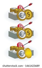 Various coins, banknotes, target boards and arrow symbols on white background. Finance and target concept design.