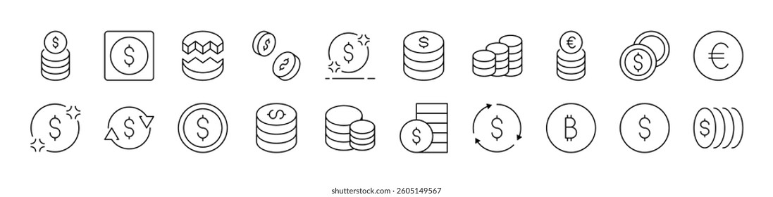 Various Coins Outline Image Collection. Editable Stroke. Perfect for Infographics, Articles, Books, Flyers, Banners
