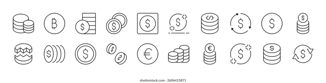Various Coins Outline Picture Collection. Editable Stroke. Perfect for Infographics, Articles, Books, Flyers, Banners