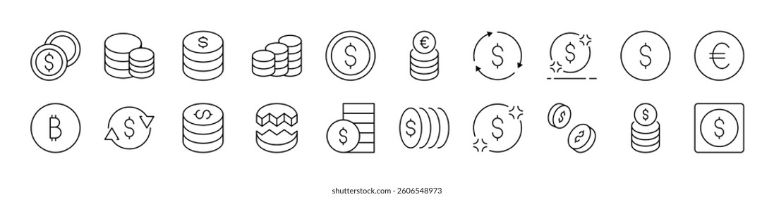 Various Coins Picture Collection. Editable Stroke. Perfect for Infographics, Articles, Books, Flyers, Banners