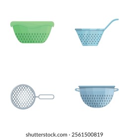 Various colander icons set cartoon vector. Colander of various shape and color. Kitchen utensils