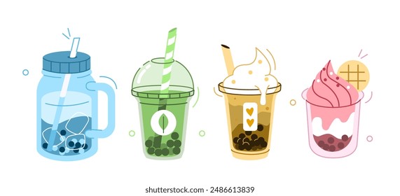 Various cold drinks set. Collections of bubble tea, milkshake smoothie, ice cream, coffee and other types of take away beverages in cup and glass. Vector illustration.