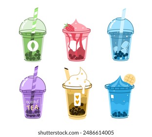 Various cold drinks set. Collections of bubble tea, milkshake smoothie, ice cream, coffee and other types of take away beverages. Vector illustration.
