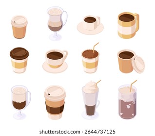 Various cold and hot caffeine drinks in glasses, isometric coffee beverages with foam and whipped cream. Vector isolated cafe or restaurant products. Cocoa and latte, americano and espresso