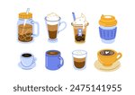 Various cold and hot coffee drinks set. Collections of espresso, americano, cappuccino, bubble coffee and other types of beverages in cup, paper mug and glass. Vector illustration.