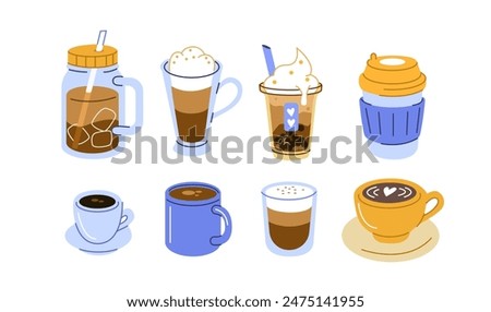 Various cold and hot coffee drinks set. Collections of espresso, americano, cappuccino, bubble coffee and other types of beverages in cup, paper mug and glass. Vector illustration.